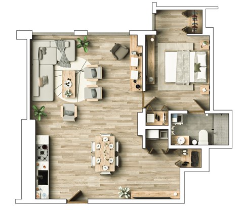A floor plan of a house with a dining area, living room, kitchen, and bathrooms.